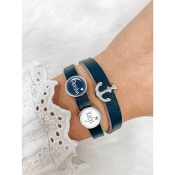 Leather bracelet, double twisted with lasered slider beads, colour: dark blue