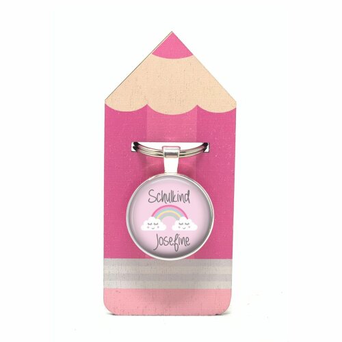Schlüsselanhänger SCHULKIND Regenbogen rosa mit Wunschtext mit Holzkarte Stift